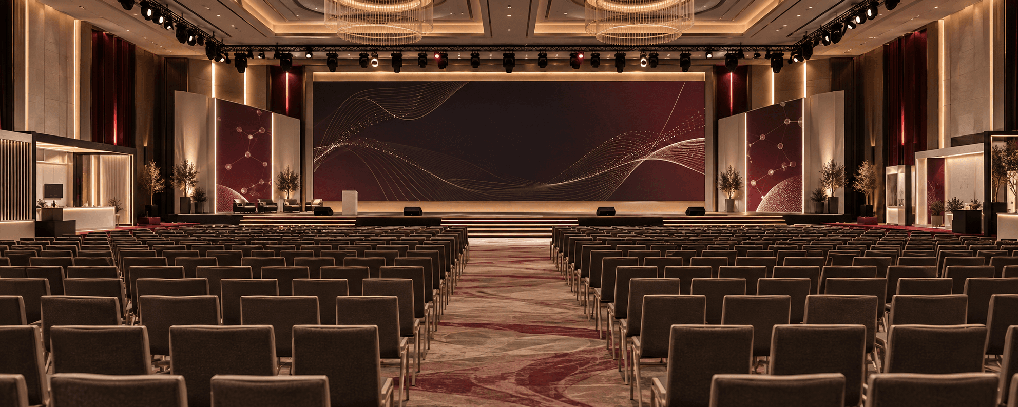 A fully prepared international congress hall with professional stage and audiovisual production